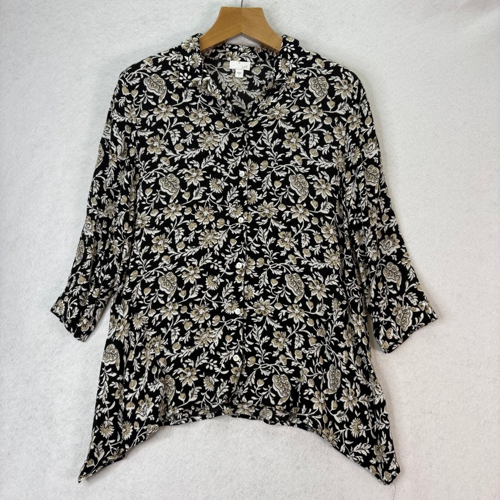 J. Jill Black Beige Floral Print Button Up Asymmetrical Hem Tunic Womens Size L
